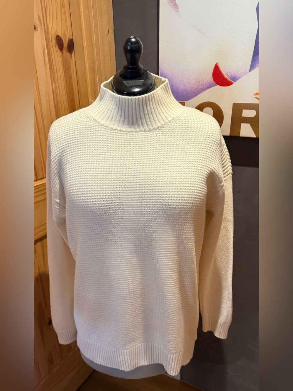 Talbots Cream Lambswool Blend Mock Turtleneck Cable Knit Tunic Sweater - Size LG